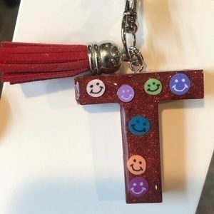 Handmade Resin T Red Glitter Smiley Face Key Chain Bag Charm